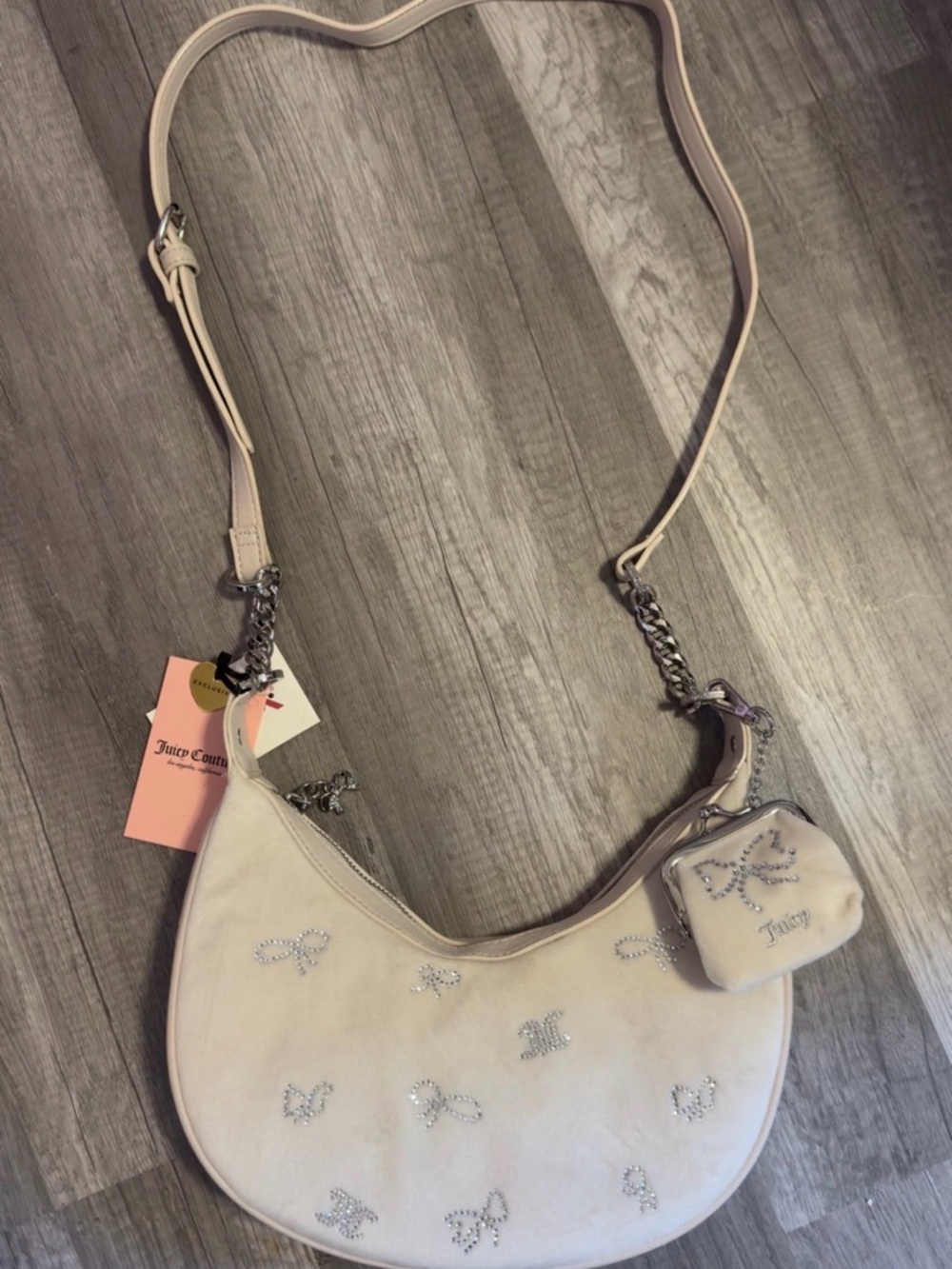 Juicy Couture Crescent Shoulder Bag Cream Velour Rhinestone Bow NWT Pouch Y2K